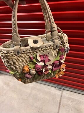Brighton Cream Straw Tote with Pink, Orange, Green & Purple Floral Appliqués